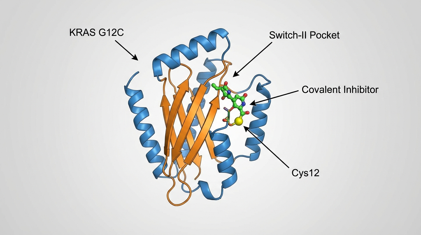 KRAS G12C molecular mechanism visualization showing Switch-II pocket binding and protein structure