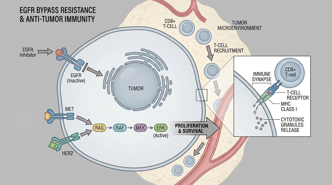 EGFR bypass resistance signaling pathways showing MAPK reactivation and T-cell mediated anti-tumor immunity